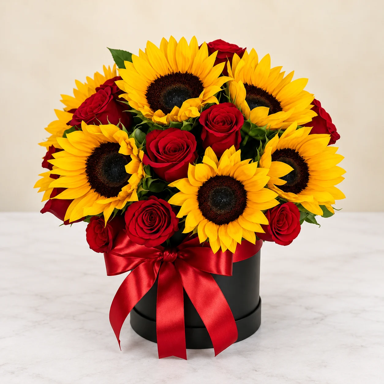 Sombrerera Sol y Rosas - 16 rosas rojas y 10 girasoles en caja sombrerera negra con lazo rojo