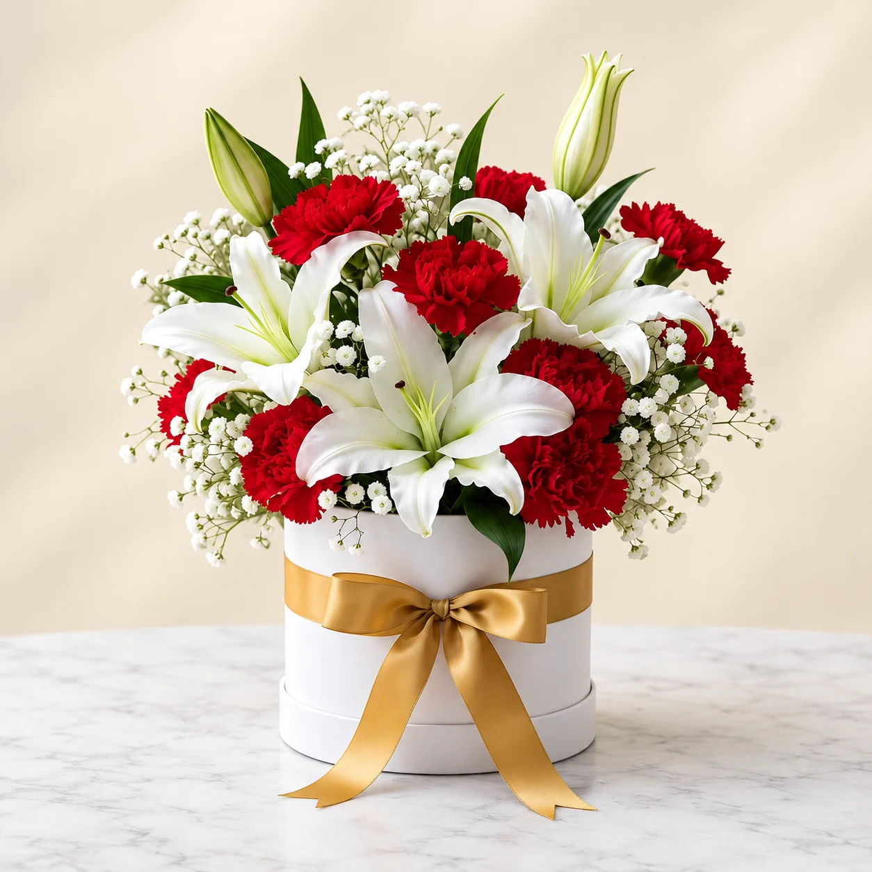 Caja Claveles y Lilium - Caja blanca con 15 claveles rojos y 5 lilium blancos, con lazo dorado
