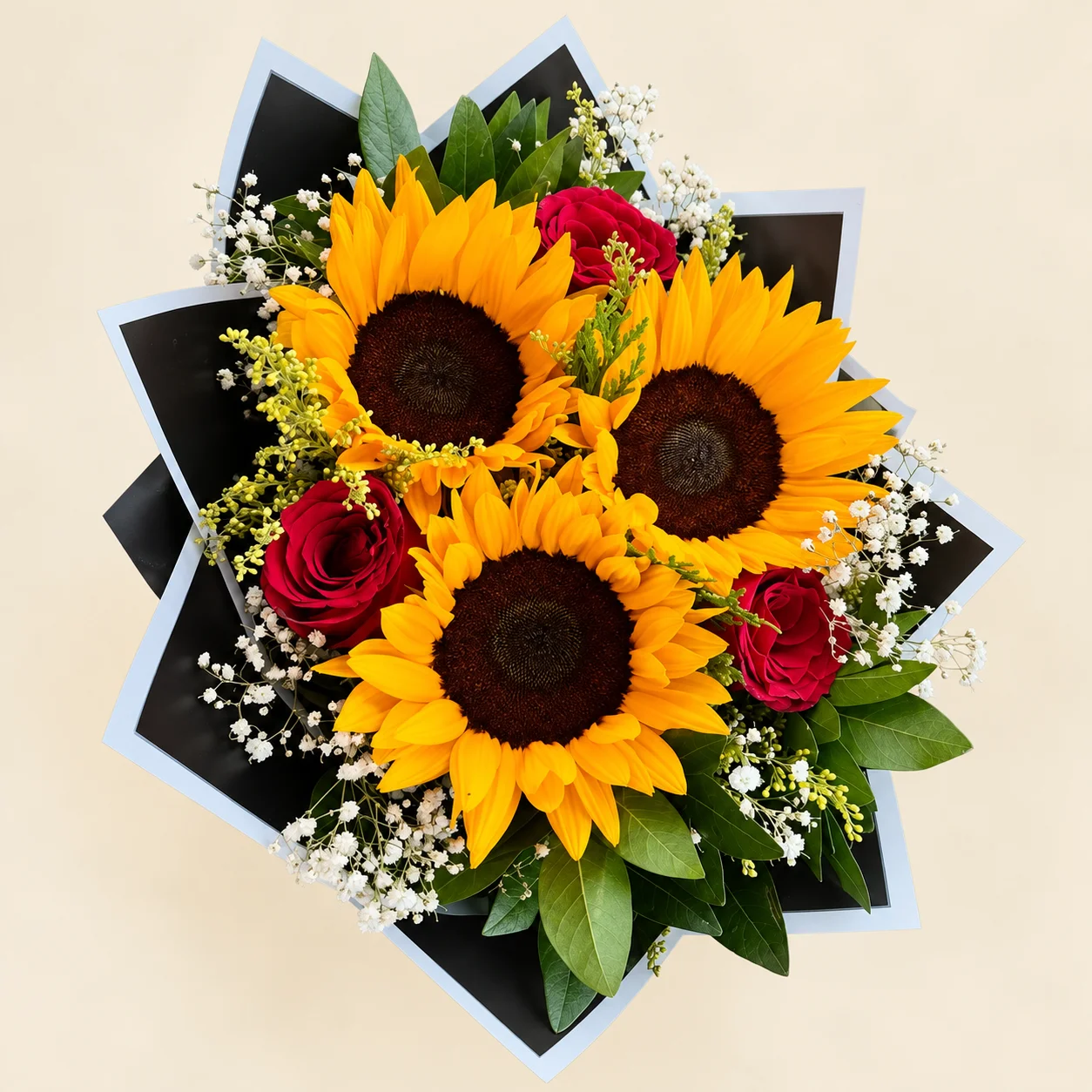 Sol y Rosas - 3 girasoles y 3 rosas rojas con follaje en papel negro