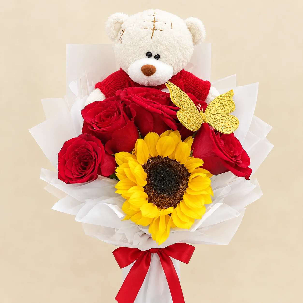 Osito y Sol - 4 rosas rojas, 1 girasol y peluche de oso