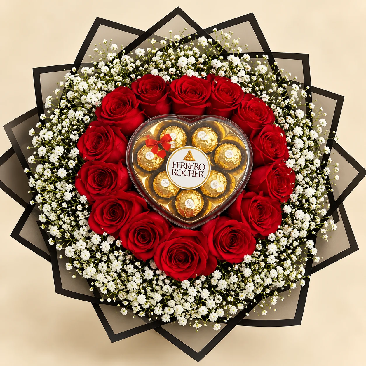 Corazón Ferrero - 18 a 20 rosas rojas con caja corazón de Ferrero Rocher al centro