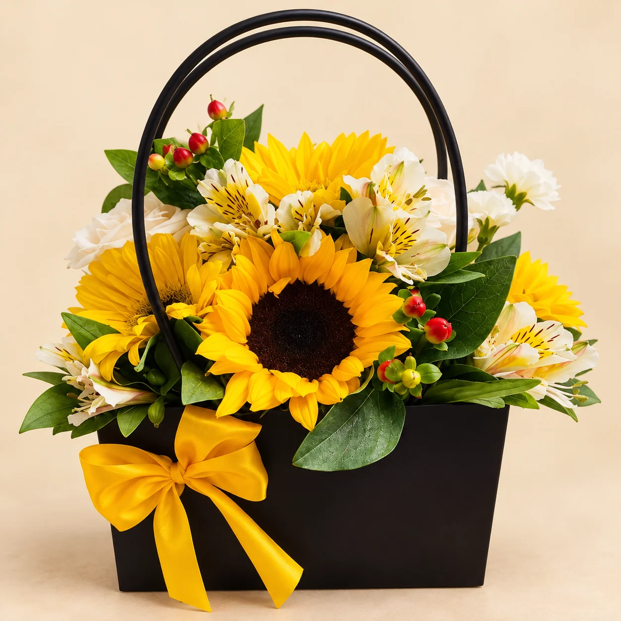 Canasta Girasol - Canasta tipo cartera con girasoles, astromelias y follaje, con lazo amarillo