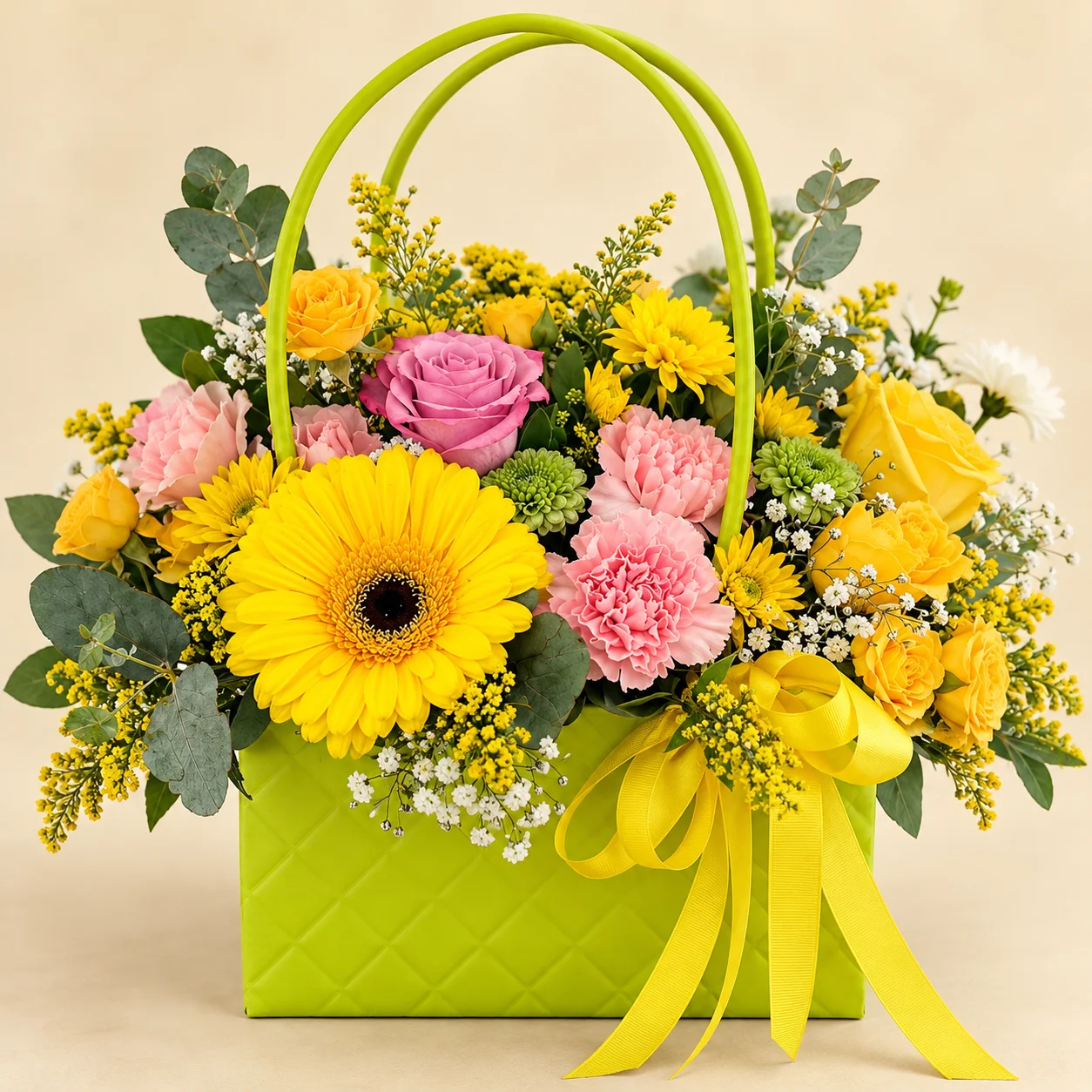 Canasta Primavera - Canasta tipo cartera con gerbera, rosas, claveles y flores amarillas