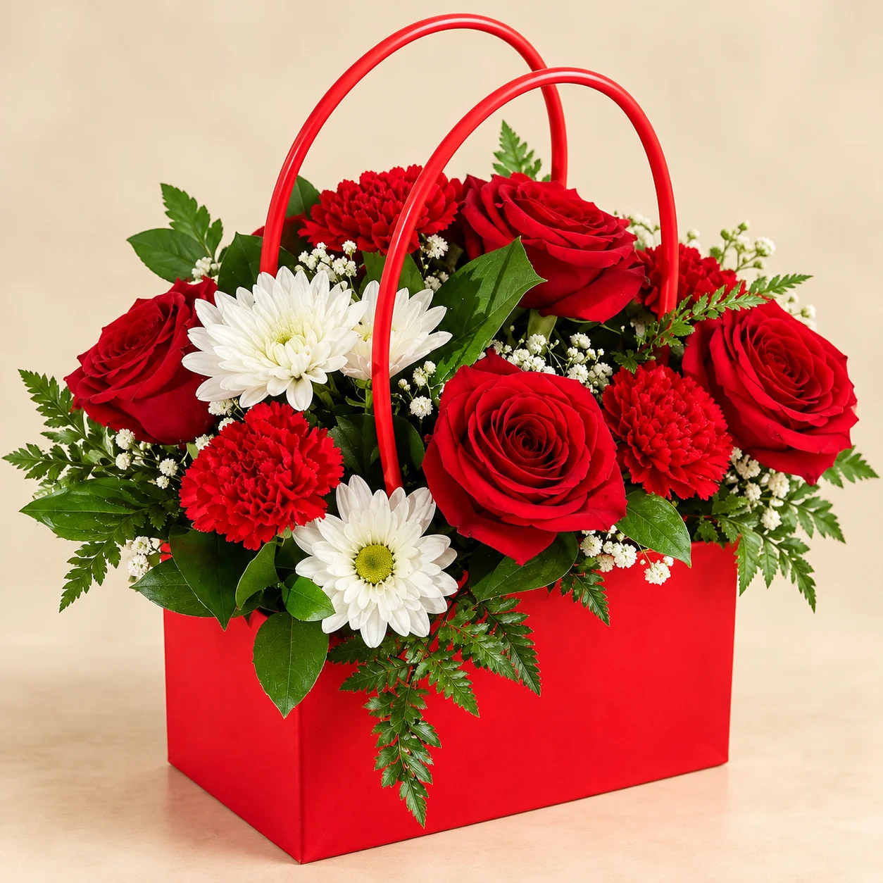 Canasta Pasión - Canasta tipo cartera roja con rosas, claveles rojos y margaritas