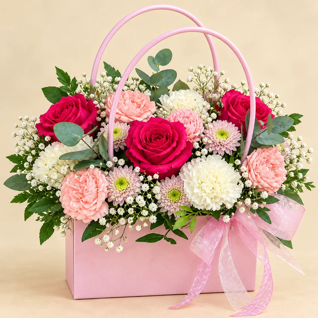 Canasta Rosé - Canasta tipo cartera rosada con rosas, claveles y pompones pastel