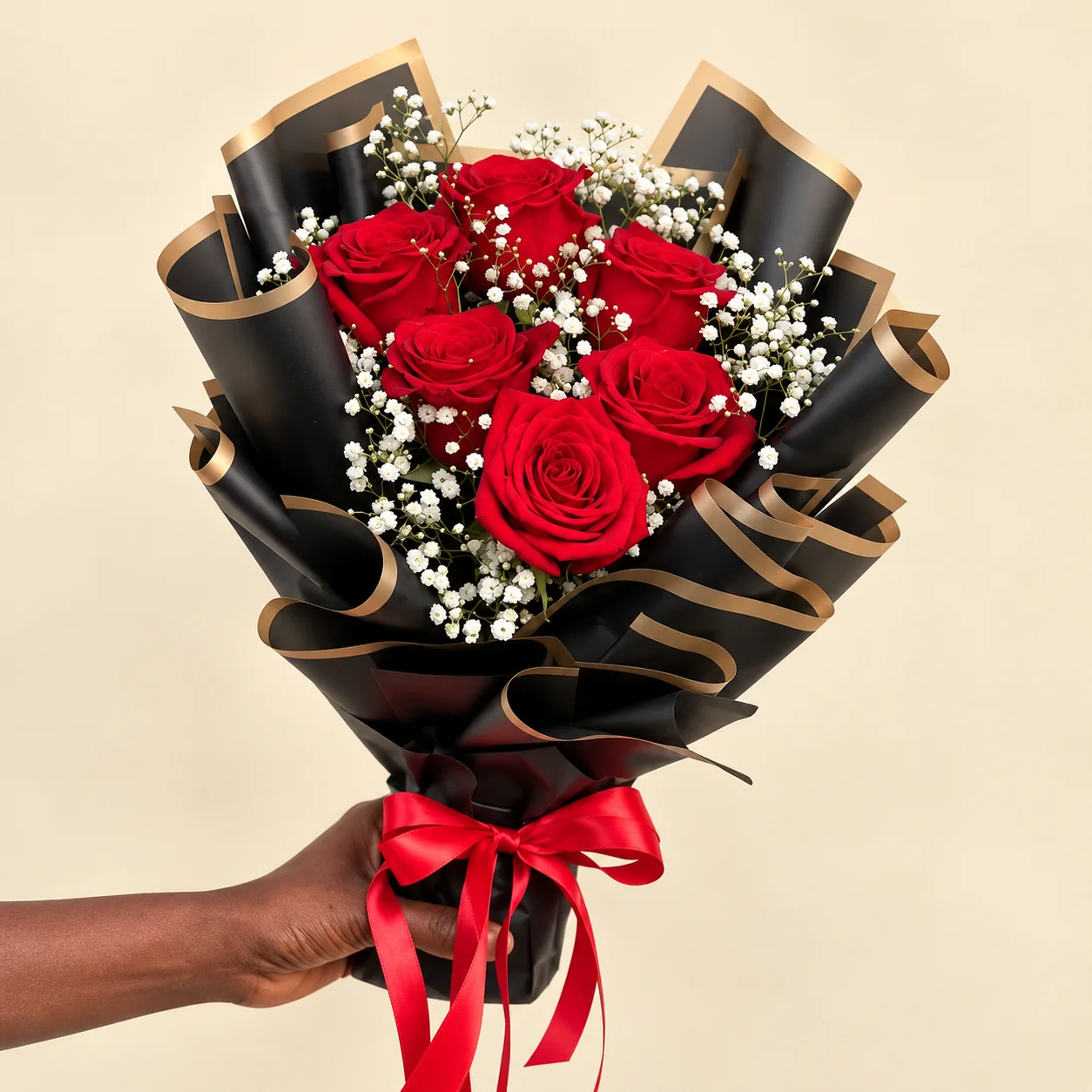 Directo al Corazón - 6 rosas rojas con paniculata en papel negro y lazo rojo