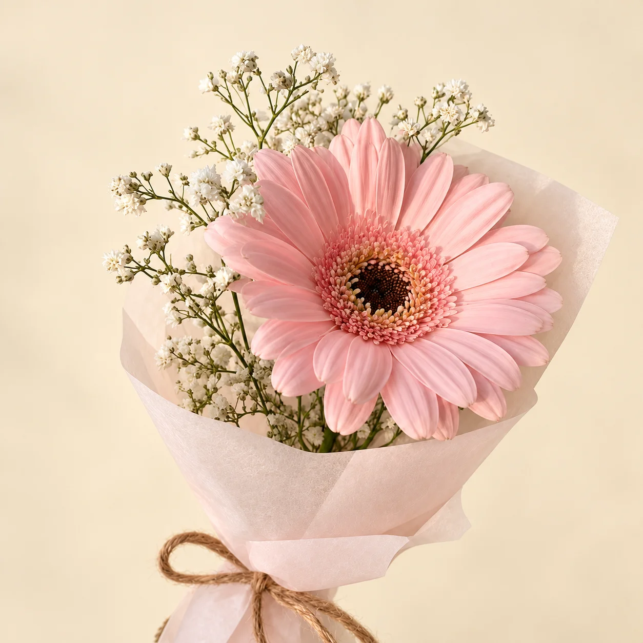 Gerbera Rosa - 1 gerbera rosada con paniculata en papel rosa y cordel